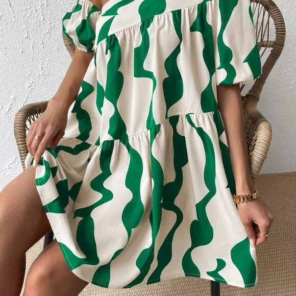 Boho Smock Dress, Asymmetrical Neck Puff Sleeve Ruffle Hem Mini dress - Picture 5 of 6